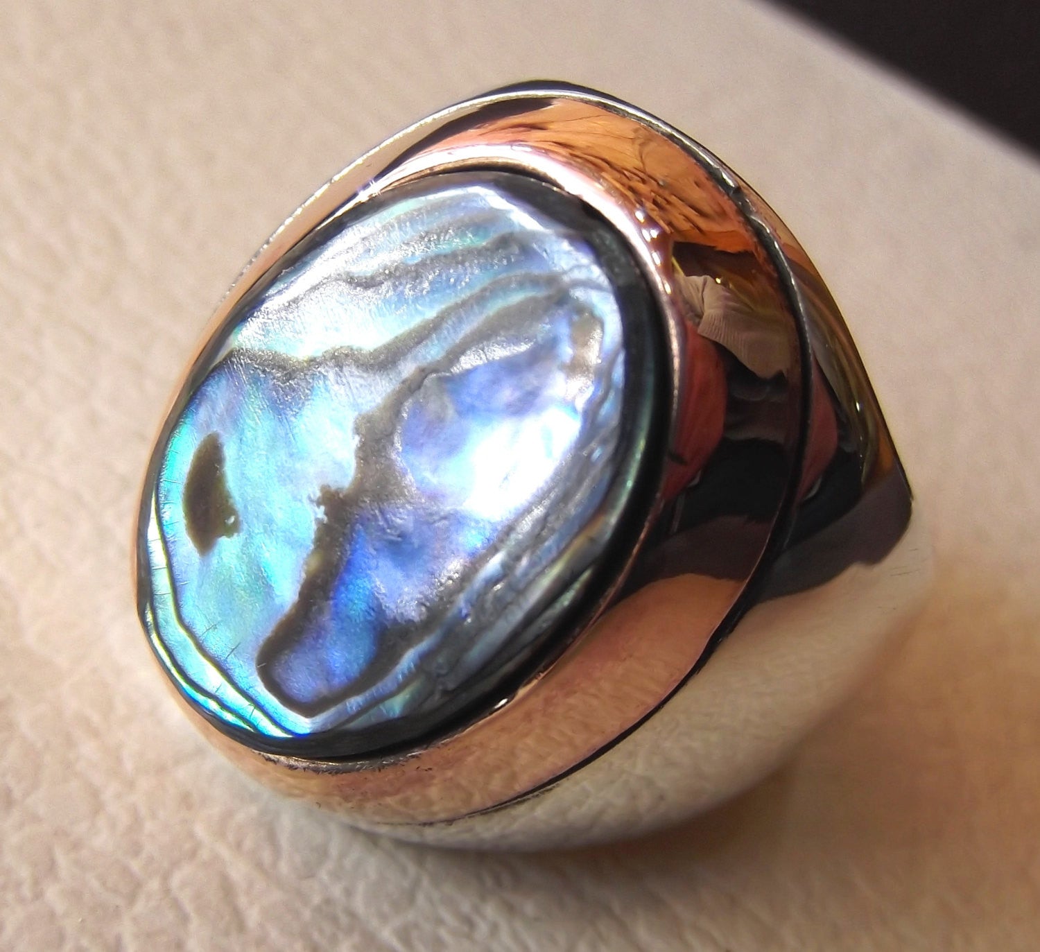 abalone shell multi color blue rainbow stone sterling silver 925 bronze frame men ring heavy huge all sizes fast shipping two tone jewelry
