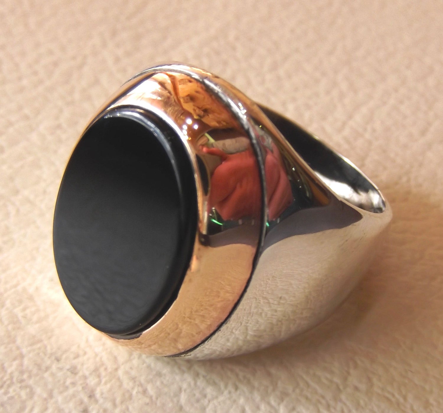black agate onyx flat aqeeq oval stone heavy big men ring sterling 