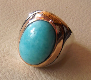 amazonite sky blue natural semi precious gem oval cabochon stone bronze frame sterling silver 925 man ring all sizes fast shipping jewelry