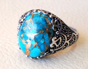 natural copper turquoise stone sterling silver 925 man ring blue semi precious high quality cabochon antique arabic ottoman style any size