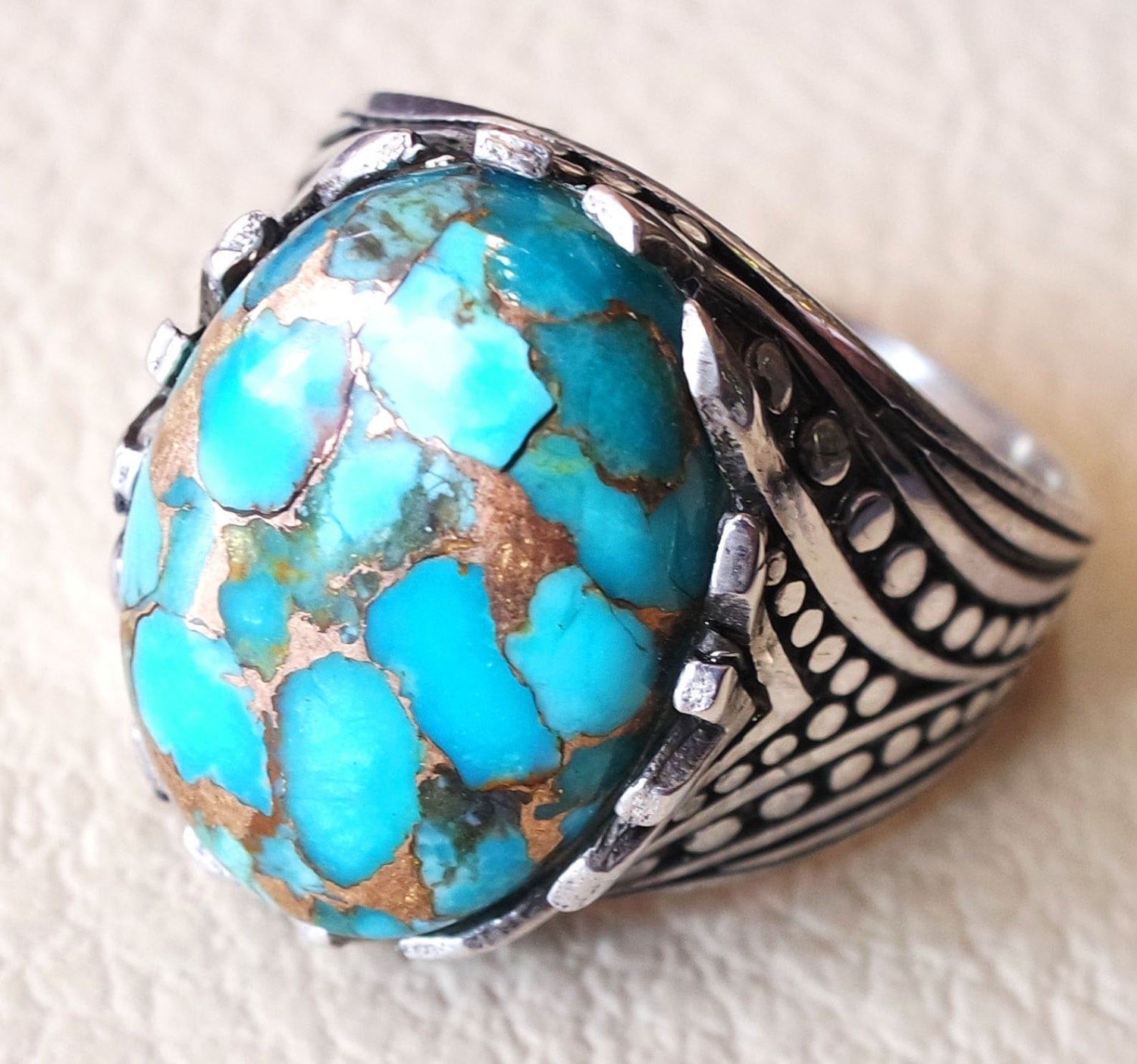 natural copper turquoise oval cabochon men ring sterling silver 925 all sizes jewelry arabic ottoman antique style high quality stone