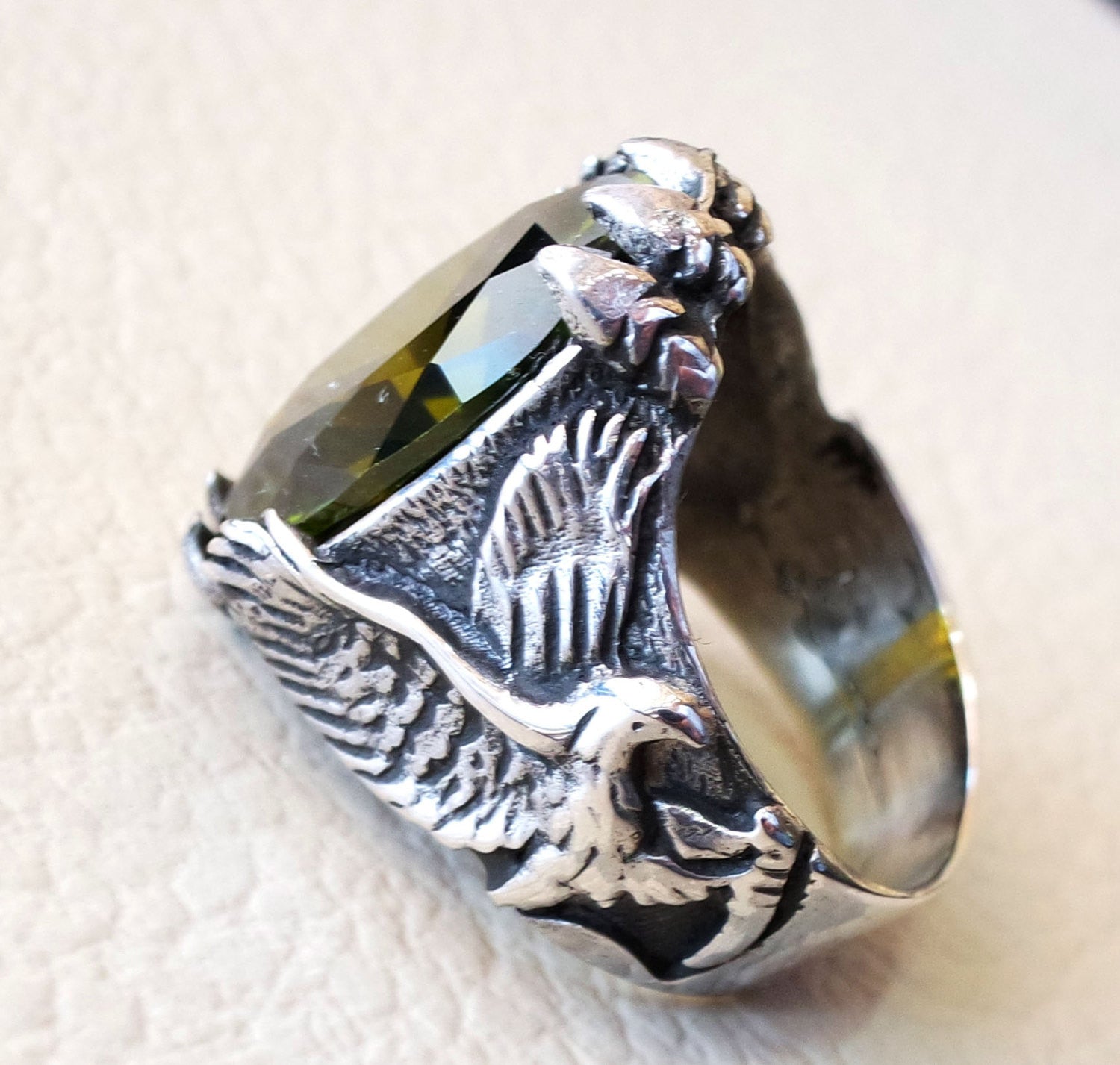eagle falcon man ring sterling silver 925 oval vivid olive green cubic zircon stone all sizes jewelry gem identical to genuine high quality