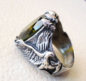 eagle falcon man ring sterling silver 925 oval vivid olive green cubic zircon stone all sizes jewelry gem identical to genuine high quality