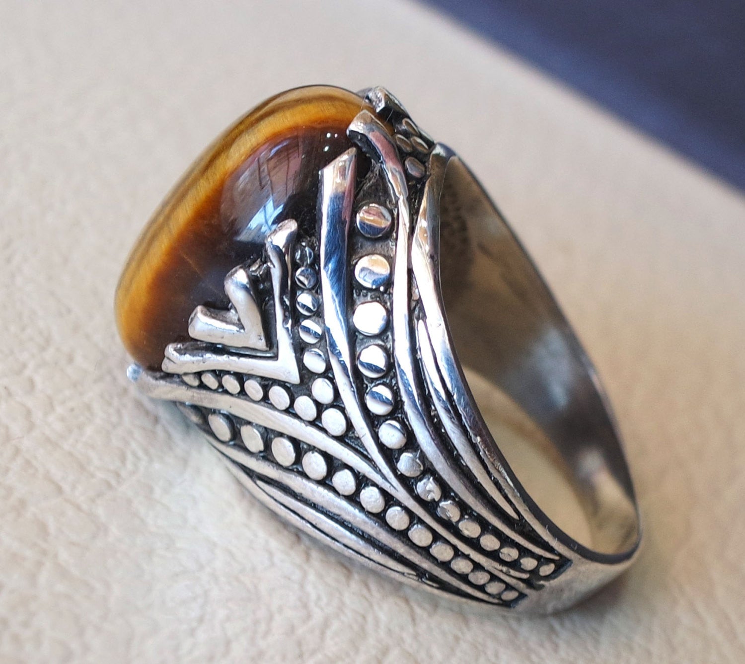 cat eye tiger eye semi precious natural cabochon stone men ring sterling silver 925 any size ottoman turkish middle eastern arabic jewelry
