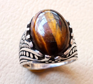 cat eye tiger eye semi precious natural cabochon stone men ring sterling silver 925 any size ottoman turkish middle eastern arabic jewelry
