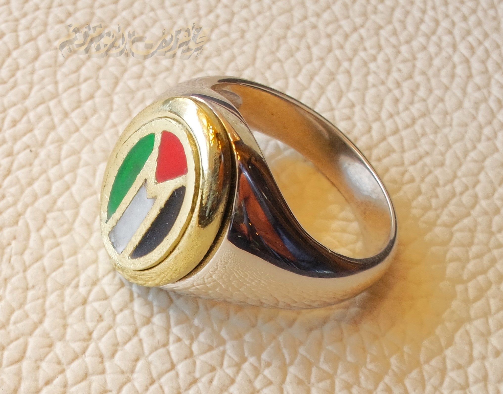 Palestine flag man heavy ring sterling silver and color enamel Arabic bronze frame and ring face style fast shipping all sizes