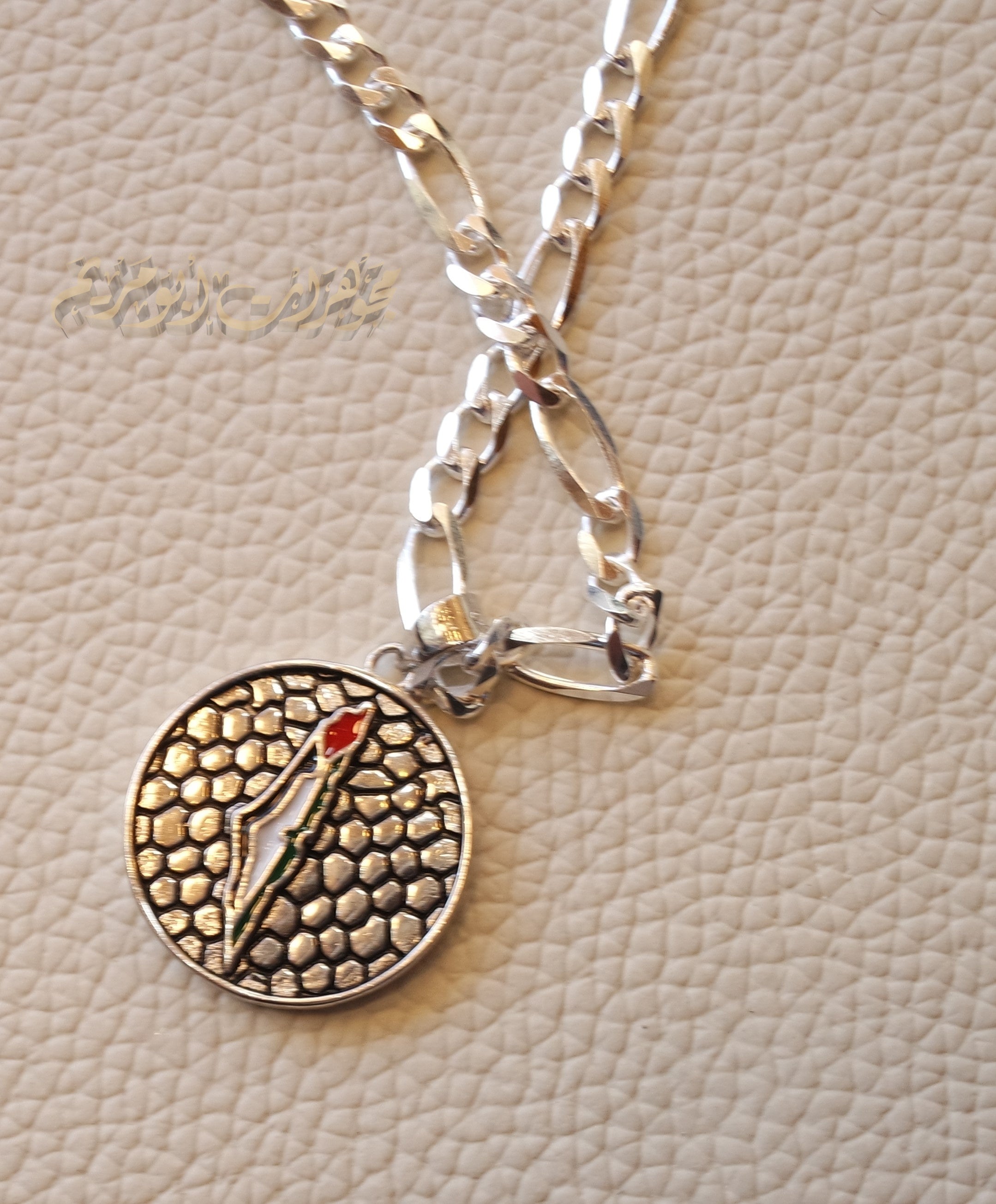 Heavy Palestine map flag round double face pendant with thick chain sterling silver 925 enamel colorful jewelry Arabic خارطه و علم فلسطين