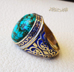 10k yellow gold men ring natural Tibet Turquoise cabochon stone all sizes Engraved with dark blue and white enamel  Ottoman signet style fine jewelry fast shipping