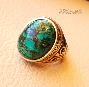 10k yellow gold men ring natural Tibet Turquoise cabochon stone all sizes Engraved with dark blue and white enamel  Ottoman signet style fine jewelry fast shipping
