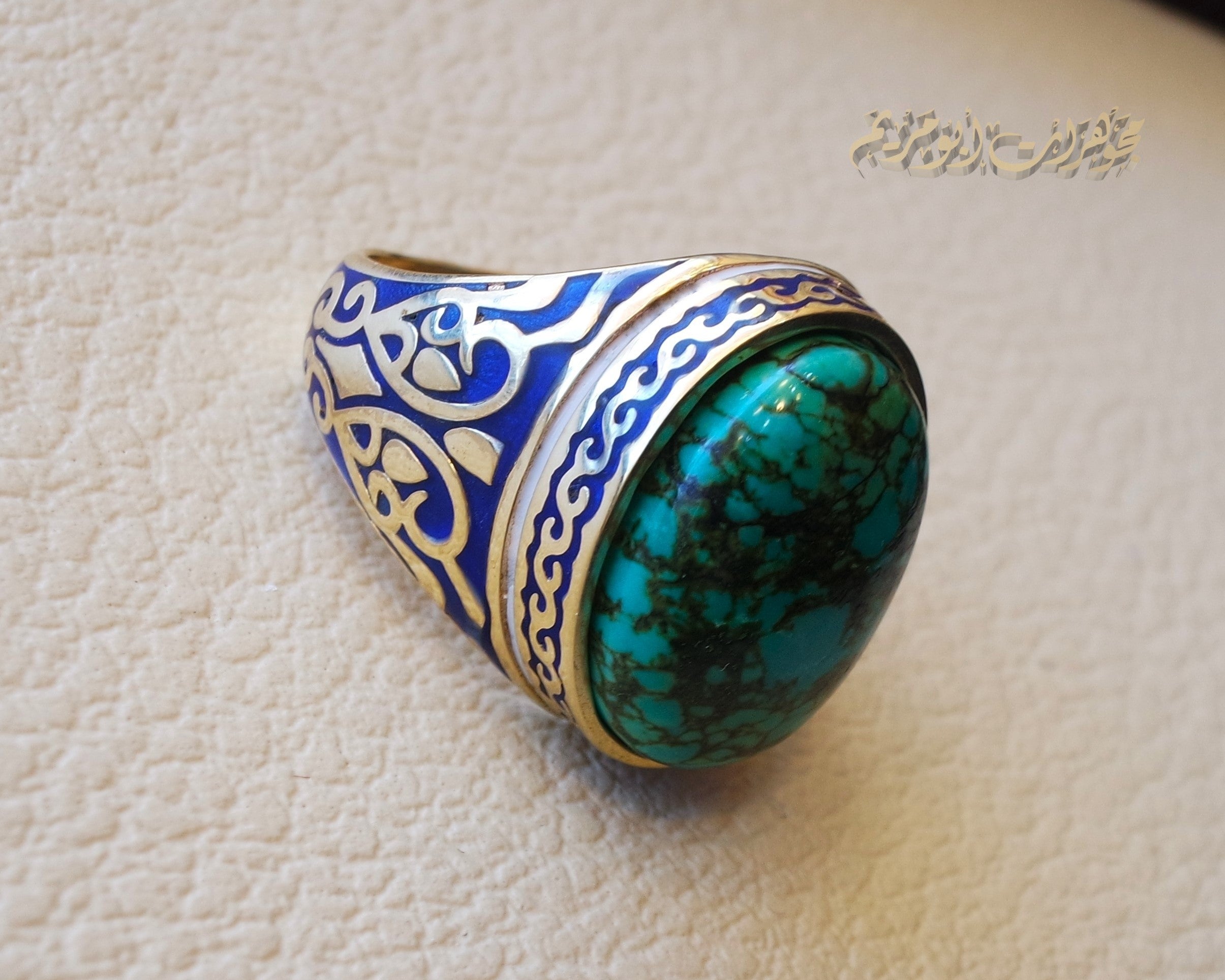 10k yellow gold men ring natural Tibet Turquoise cabochon stone all sizes Engraved with dark blue and white enamel  Ottoman signet style fine jewelry fast shipping