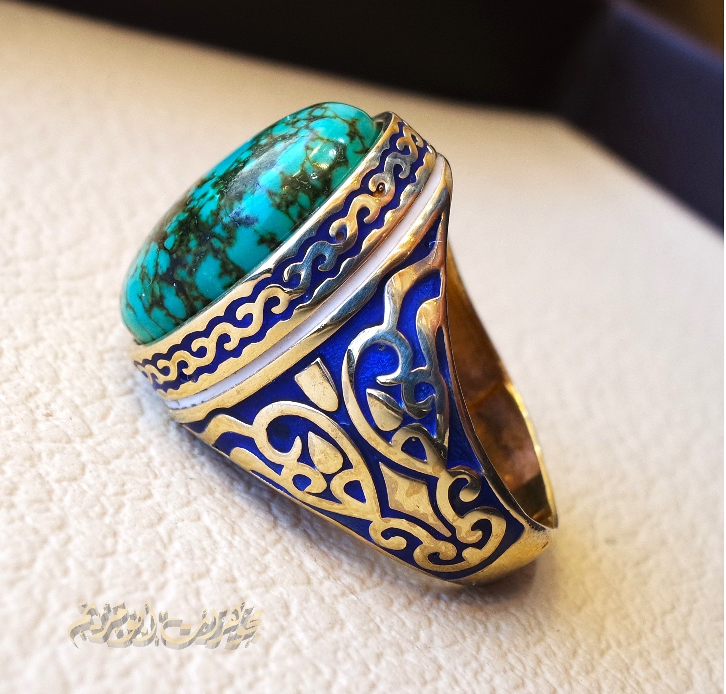10k yellow gold men ring natural Tibet Turquoise cabochon stone all sizes Engraved with dark blue and white enamel  Ottoman signet style fine jewelry fast shipping