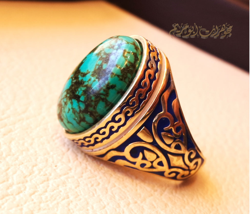 10k yellow gold men ring natural Tibet Turquoise cabochon stone all sizes Engraved with dark blue and white enamel  Ottoman signet style fine jewelry fast shipping