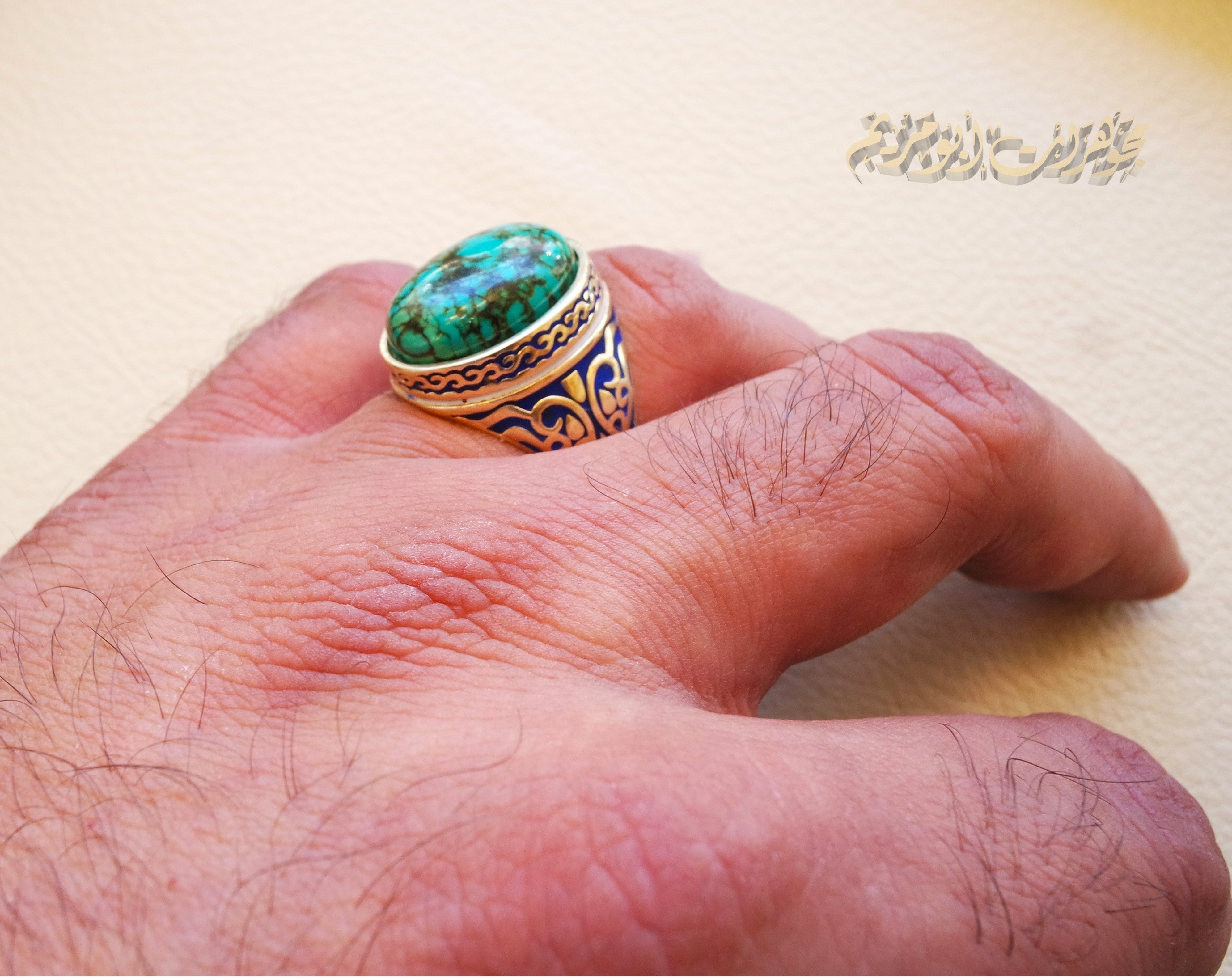 10k yellow gold men ring natural Tibet Turquoise cabochon stone all sizes Engraved with dark blue and white enamel  Ottoman signet style fine jewelry fast shipping