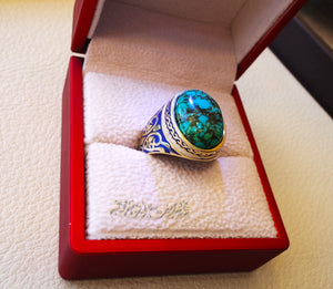 10k yellow gold men ring natural Tibet Turquoise cabochon stone all sizes Engraved with dark blue and white enamel  Ottoman signet style fine jewelry fast shipping