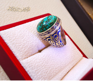 10k yellow gold men ring natural Tibet Turquoise cabochon stone all sizes Engraved with dark blue and white enamel  Ottoman signet style fine jewelry fast shipping