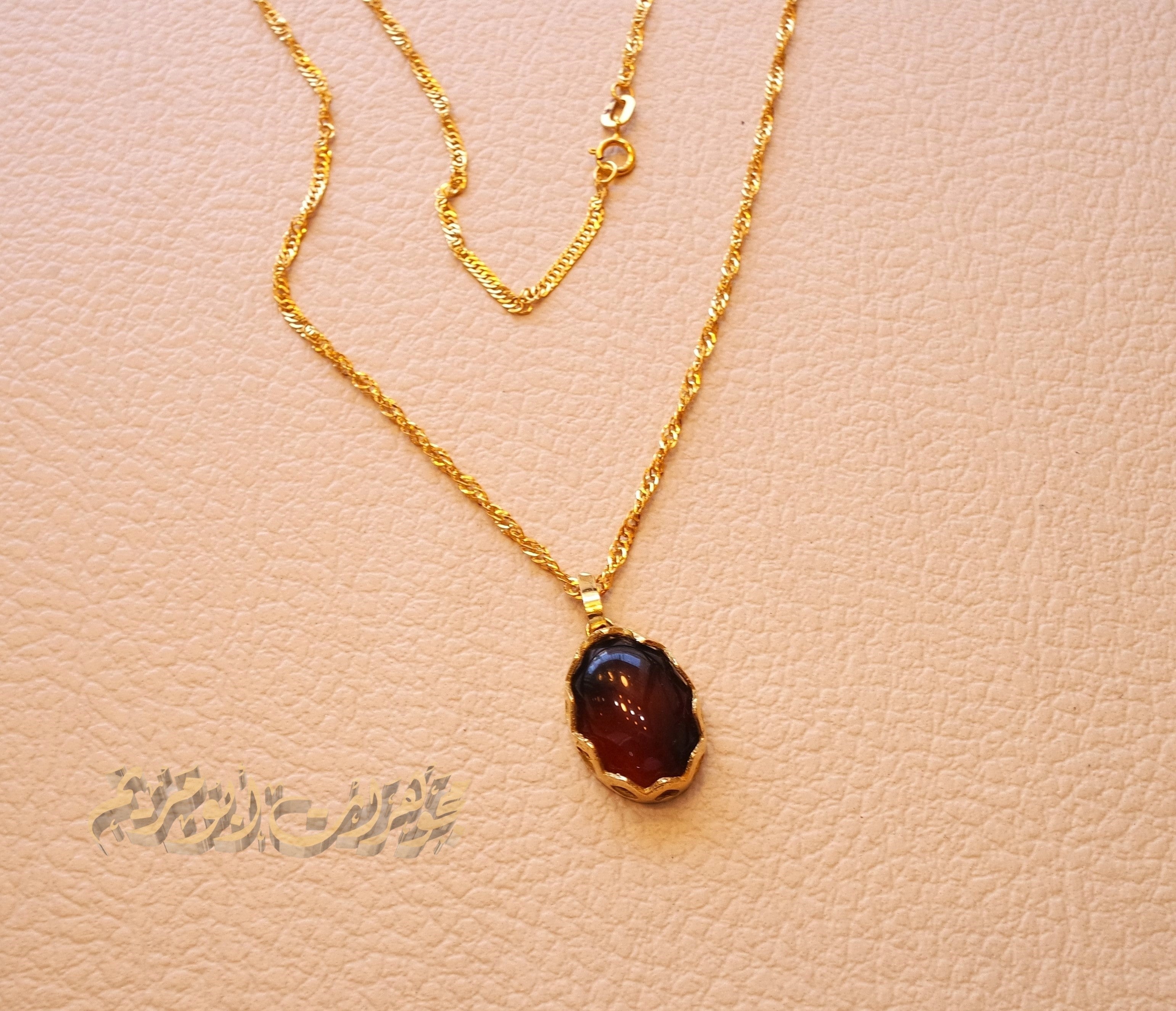 18K Gold Chain and pendant with Agate brownish red Aqeeq carnelian natural stone , disco chain fine jewelry .