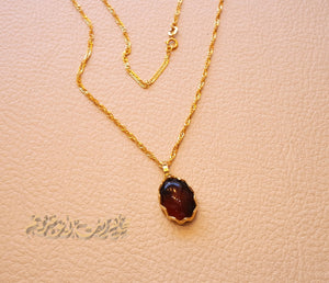 18K Gold Chain and pendant with Agate brownish red Aqeeq carnelian natural stone , disco chain fine jewelry .