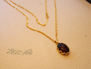 18K Gold Chain and pendant with Agate brownish red Aqeeq carnelian natural stone , disco chain fine jewelry .