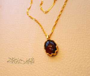 18K Gold Chain and pendant with Agate brownish red Aqeeq carnelian natural stone , disco chain fine jewelry .