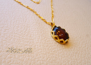 18K Gold Chain and pendant with Agate brownish red Aqeeq carnelian natural stone , disco chain fine jewelry .