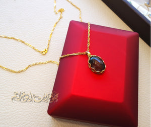 18K Gold Chain and pendant with Agate brownish red Aqeeq carnelian natural stone , disco chain fine jewelry .