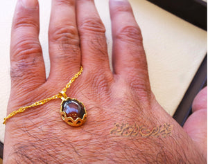 18K Gold Chain and pendant with Agate brownish red Aqeeq carnelian natural stone , disco chain fine jewelry .