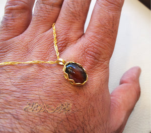 18K Gold Chain and pendant with Agate brownish red Aqeeq carnelian natural stone , disco chain fine jewelry .
