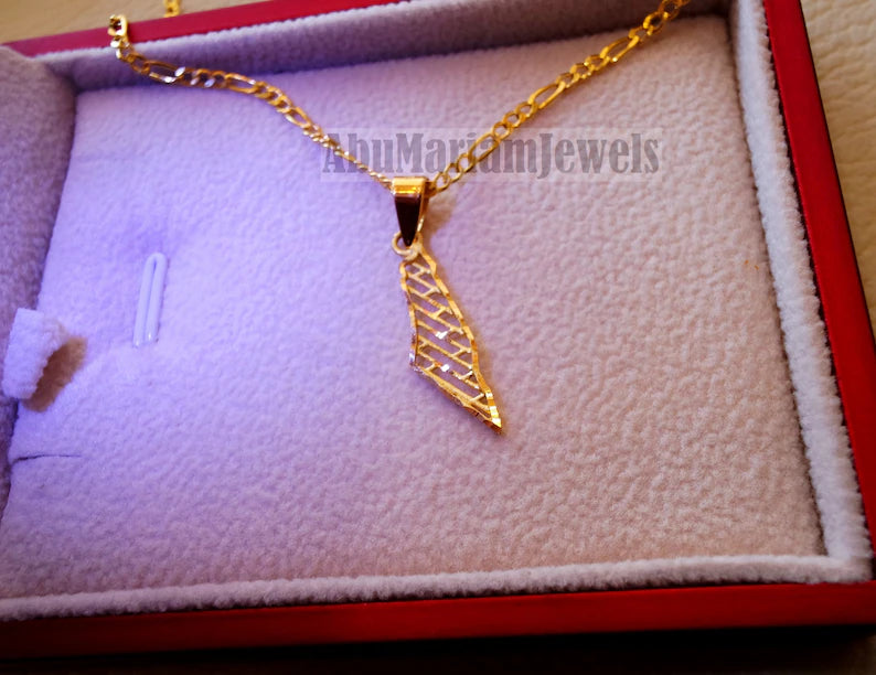 21K gold Palestine map pendant with figaro chain gold jewelry Arabic fast shipping خارطه و علم فلسطين