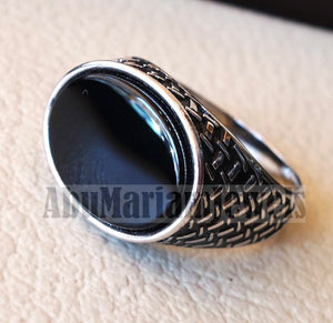 flat black onyx agate aqeeq stone arabic ottoman style man ring all sizes sterling silver 925 oval gem shape antique jewelry