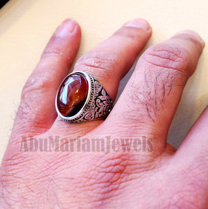 Striped aqeeq natural liver agate carnelian stone oval red cabochon gem man ring sterling silver arabic middle eastern turkey style