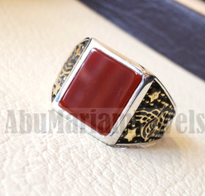 Rectangular silver aqeeq flat natural semi precious agate carnelian gemstone men ring sterling silver 925 and bronze jewelry all sizes