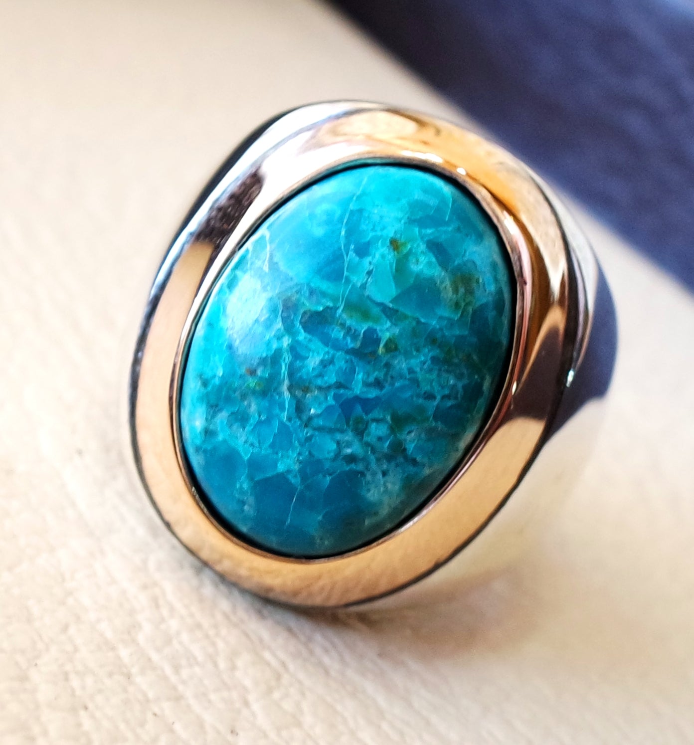 anillo hombre chryscolla piedra natural plata esterlina 925 y bronce oval  cabochon semi precioso azul joya otomana estilo árabe todos los tamaños de