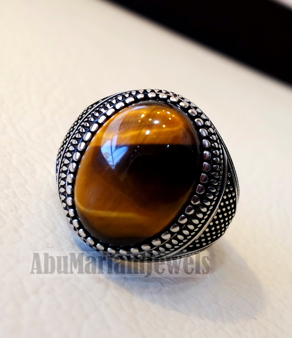 men ring sterling silver 925 cat eye tiger eye natural cabochon stone any size ottoman turkish middle eastern arabic jewelry