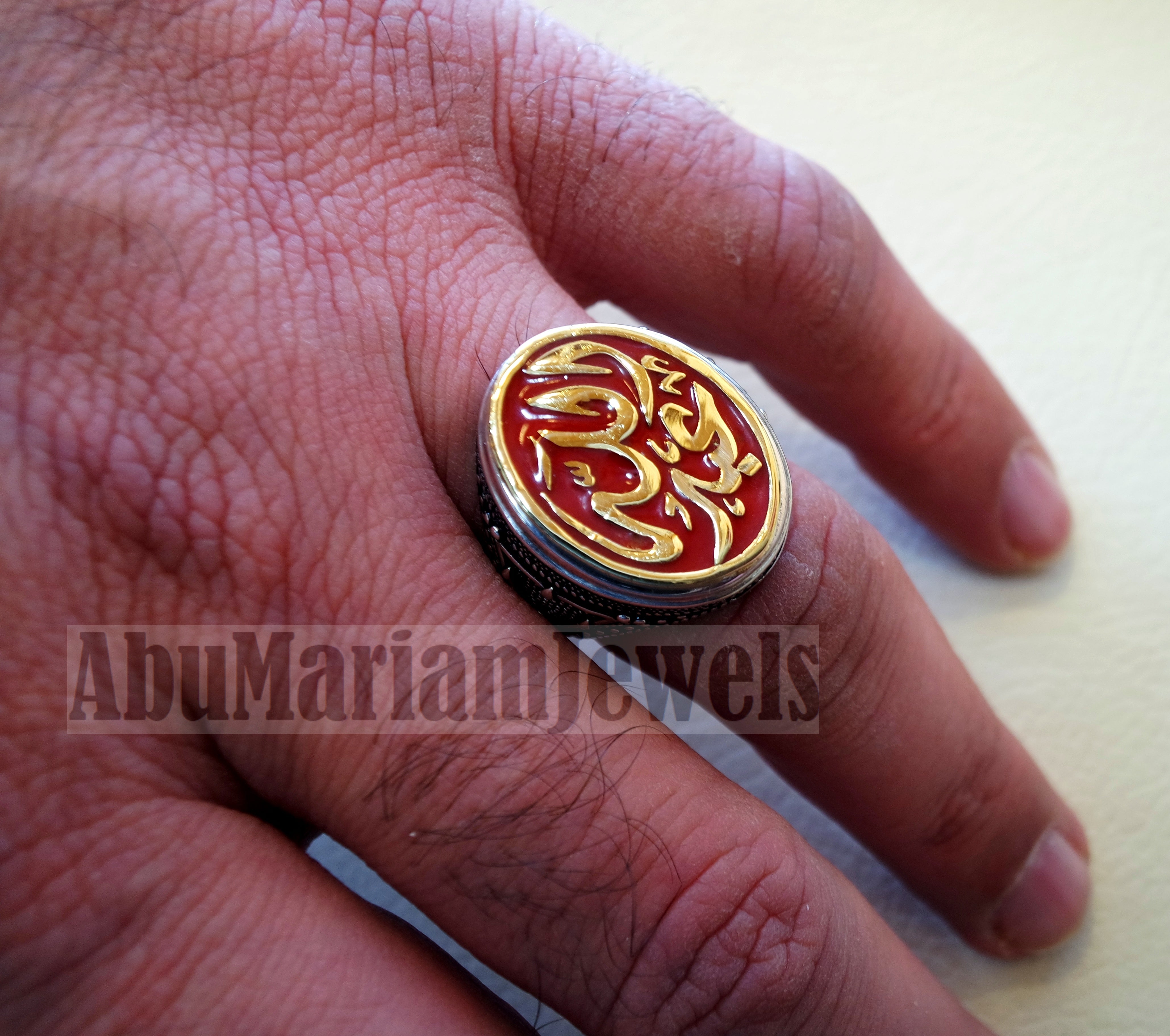 Customized Arabic calligraphy names ring personalized sterling silver 925 and bronze with red enamel TSE1001 خاتم اسم تفصيل