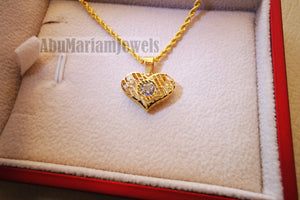 21K gold 3d heart pendant with rope chain gold jewelry with cubic Zirconia stone 16 and 20 inches fast shipping with gift box