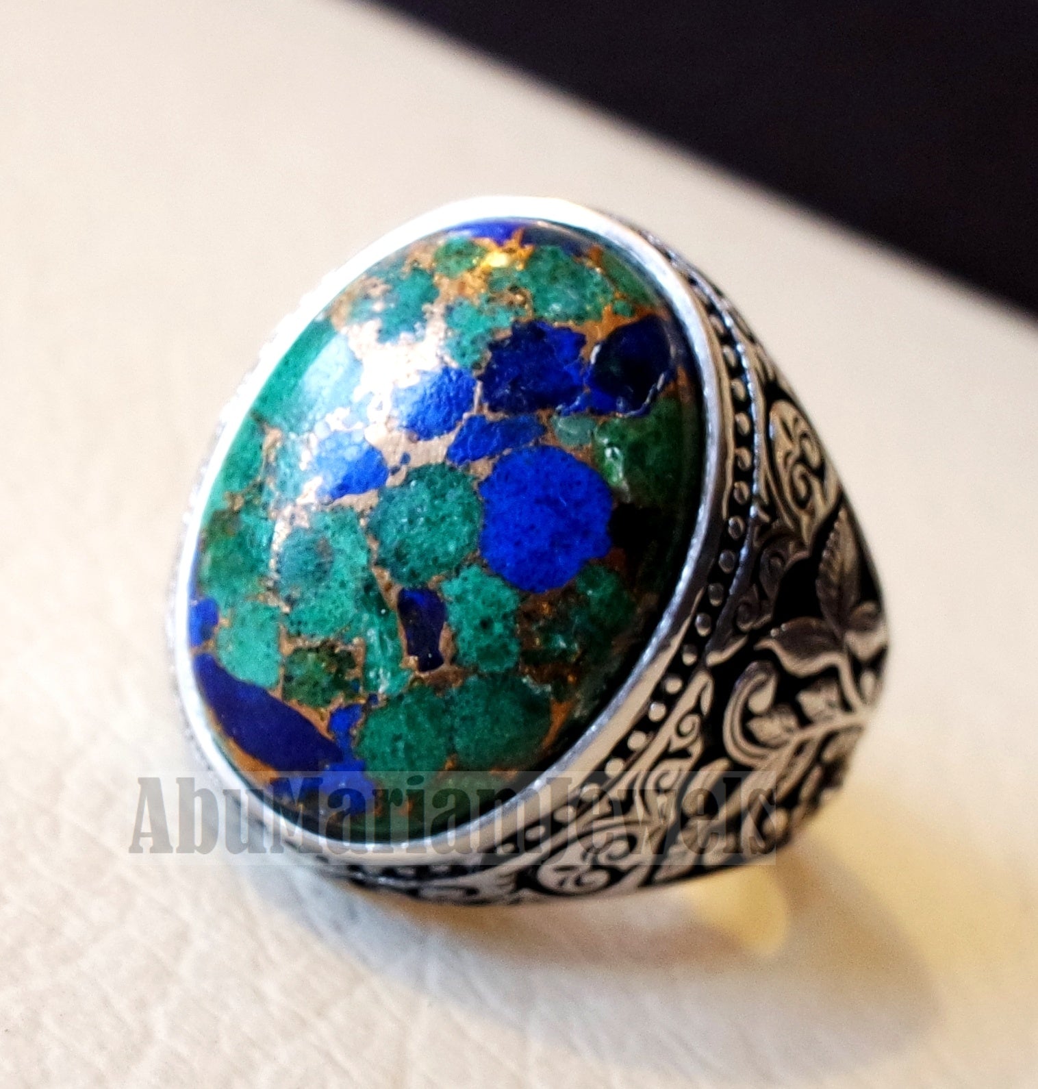 man ring copper Azurite natural stone sterling silver 925 oval cabochon semi precious gem style all sizes jewelry