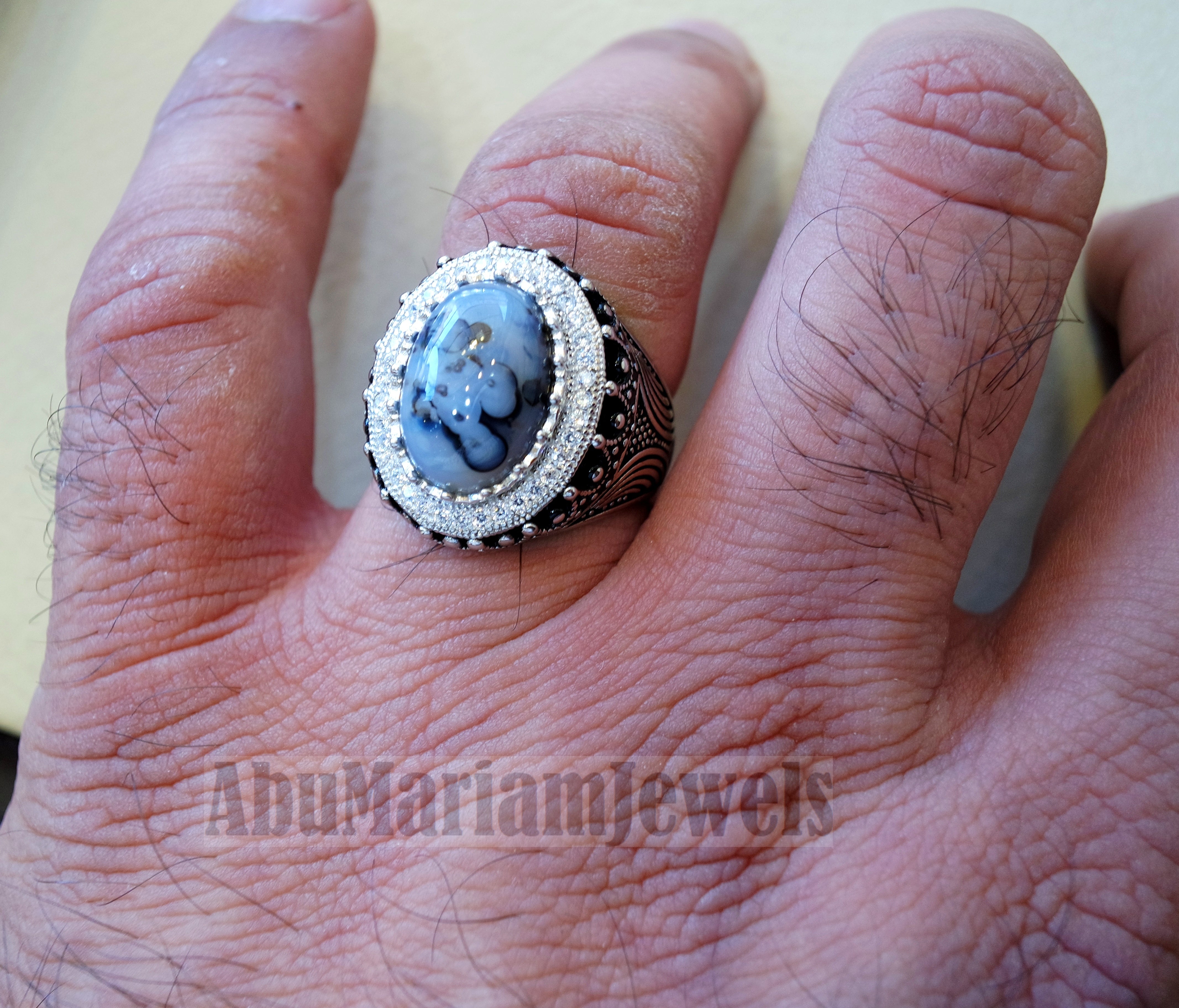 aqeeq natural agate Yamani multi color oval gem man ring sterling silver antique cubic zircon style fast shipping