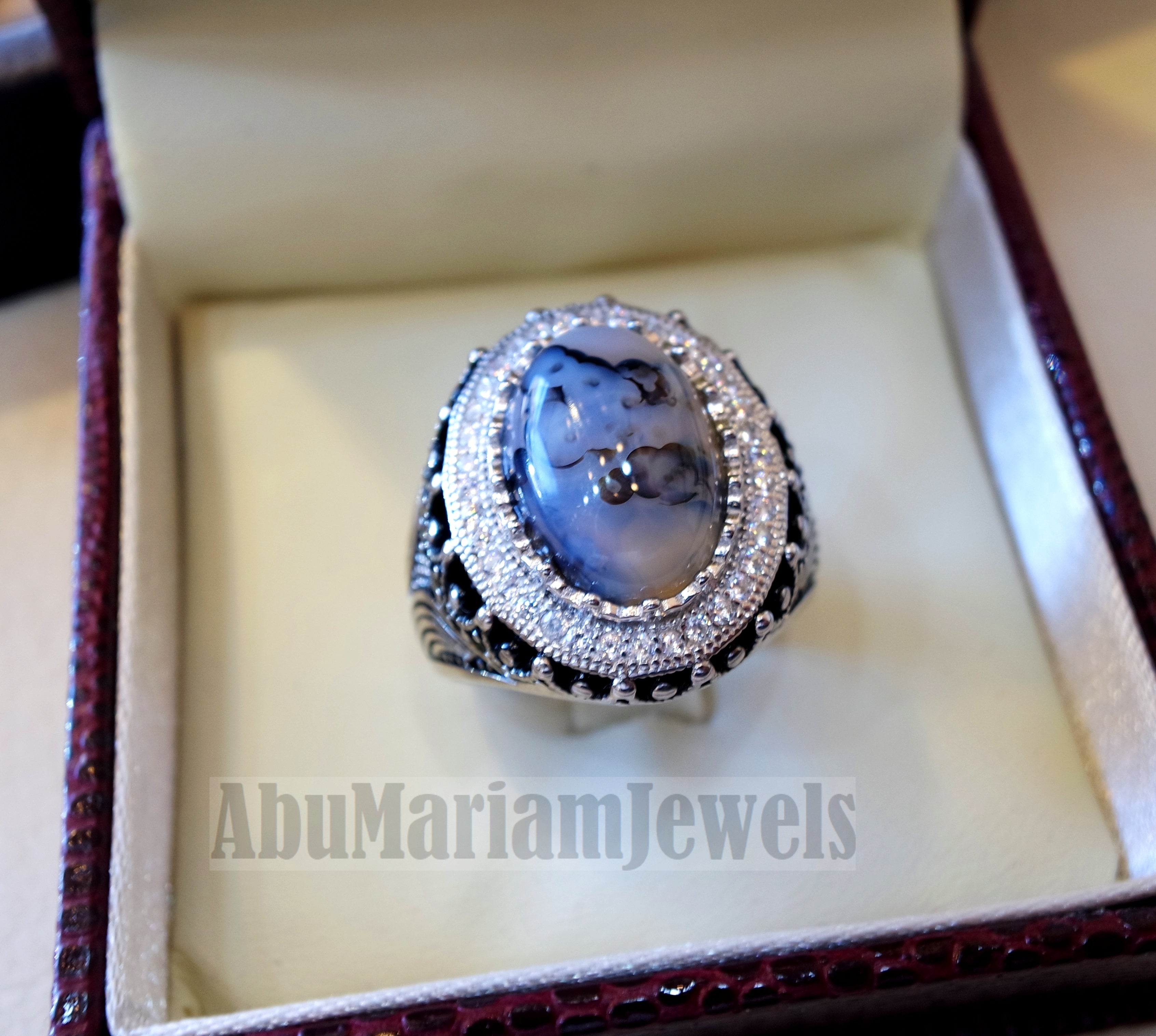 aqeeq natural agate Yamani multi color oval gem man ring sterling silver antique cubic zircon style fast shipping