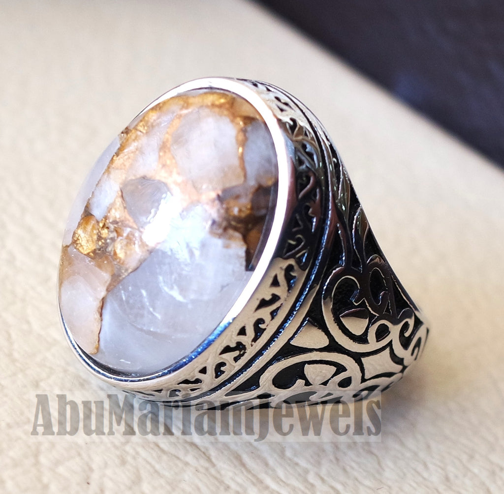 man ring copper Calcite natural stone sterling silver 925 oval cabochon semi precious gem ottoman arabic style all sizes jewelry