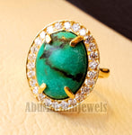 Women 18K gold naural tibet turquoise ladies ring cabochon oval stone all sizes jewelry classic style white cubic zircon around