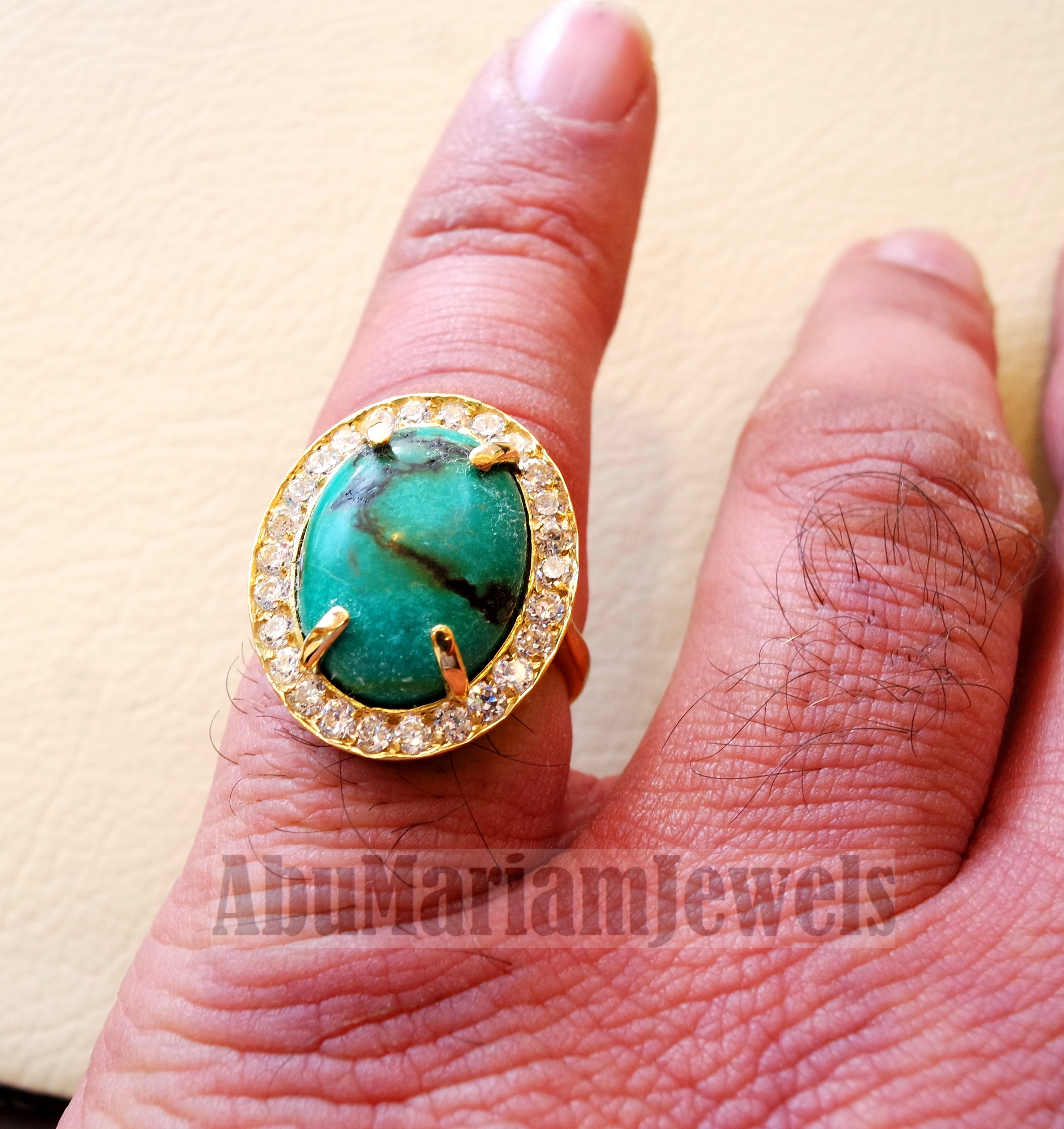 Women 18K gold naural tibet turquoise ladies ring cabochon oval stone all sizes jewelry classic style white cubic zircon around