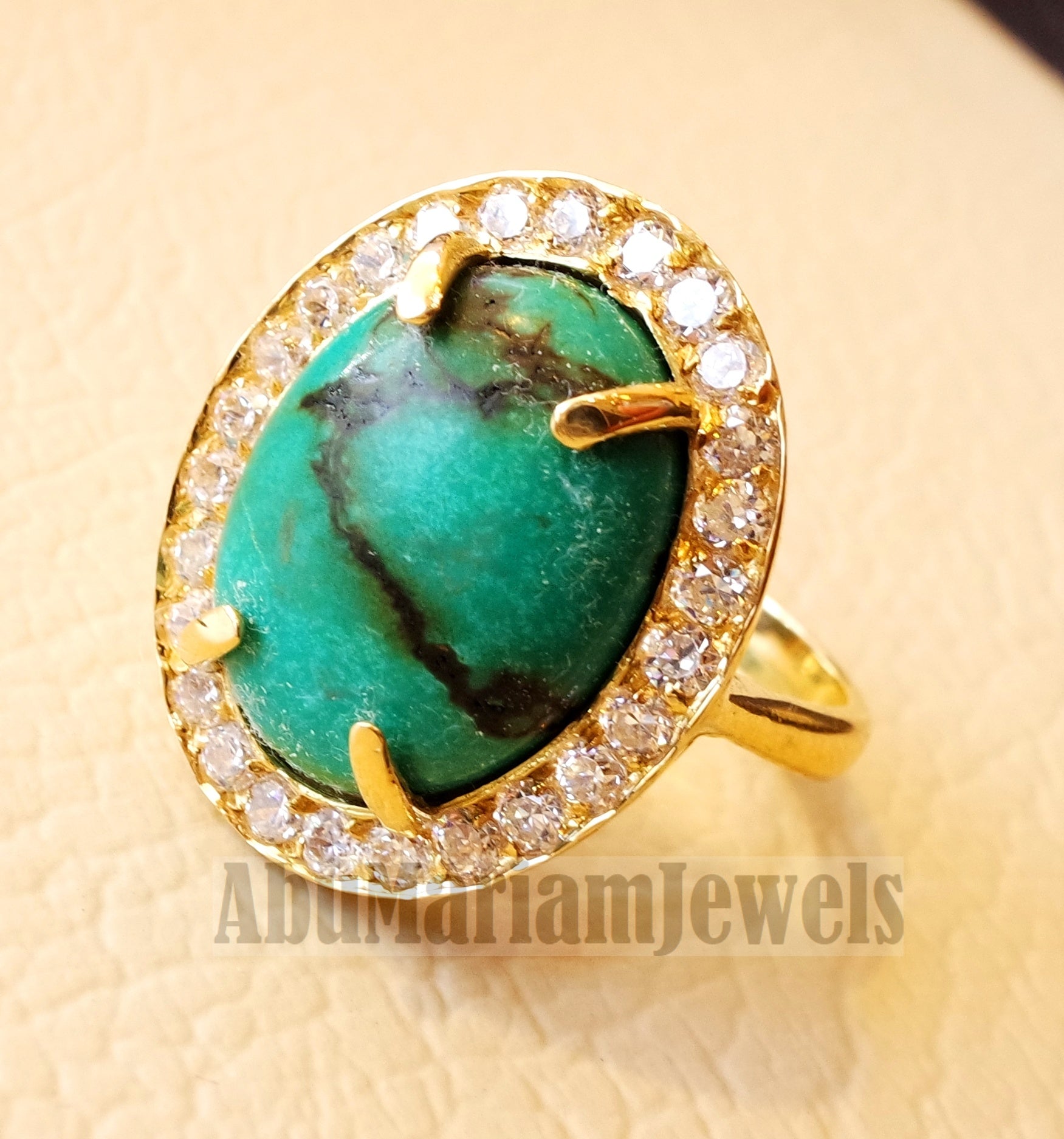 Women 18K gold naural tibet turquoise ladies ring cabochon oval stone all sizes jewelry classic style white cubic zircon around