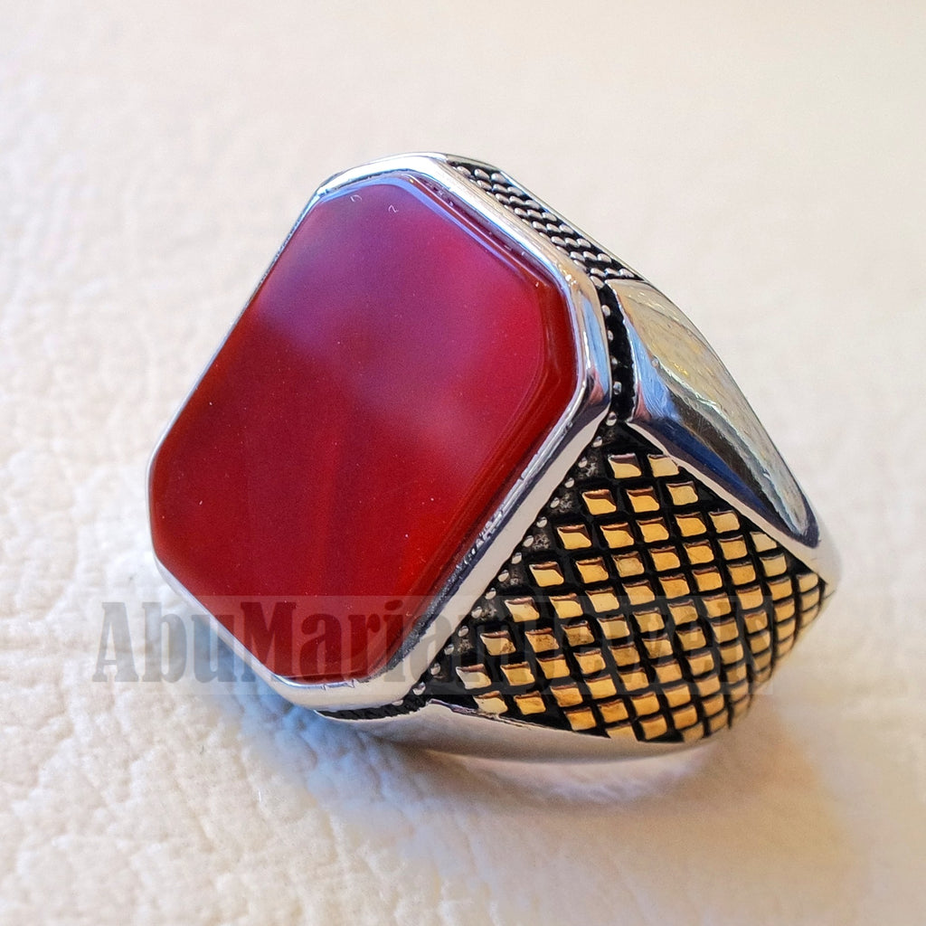 rectangular octagon agate red aqeeq carnelian man ring sterling silver 925 Yellow 14 k plated sides natural stone gem all sizes jewelry