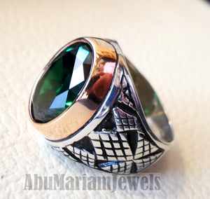 deep vivid fancy green synthetic corundum emerald stone high quality stone sterling silver 925 men ring and bronze frame all sizes jewelry