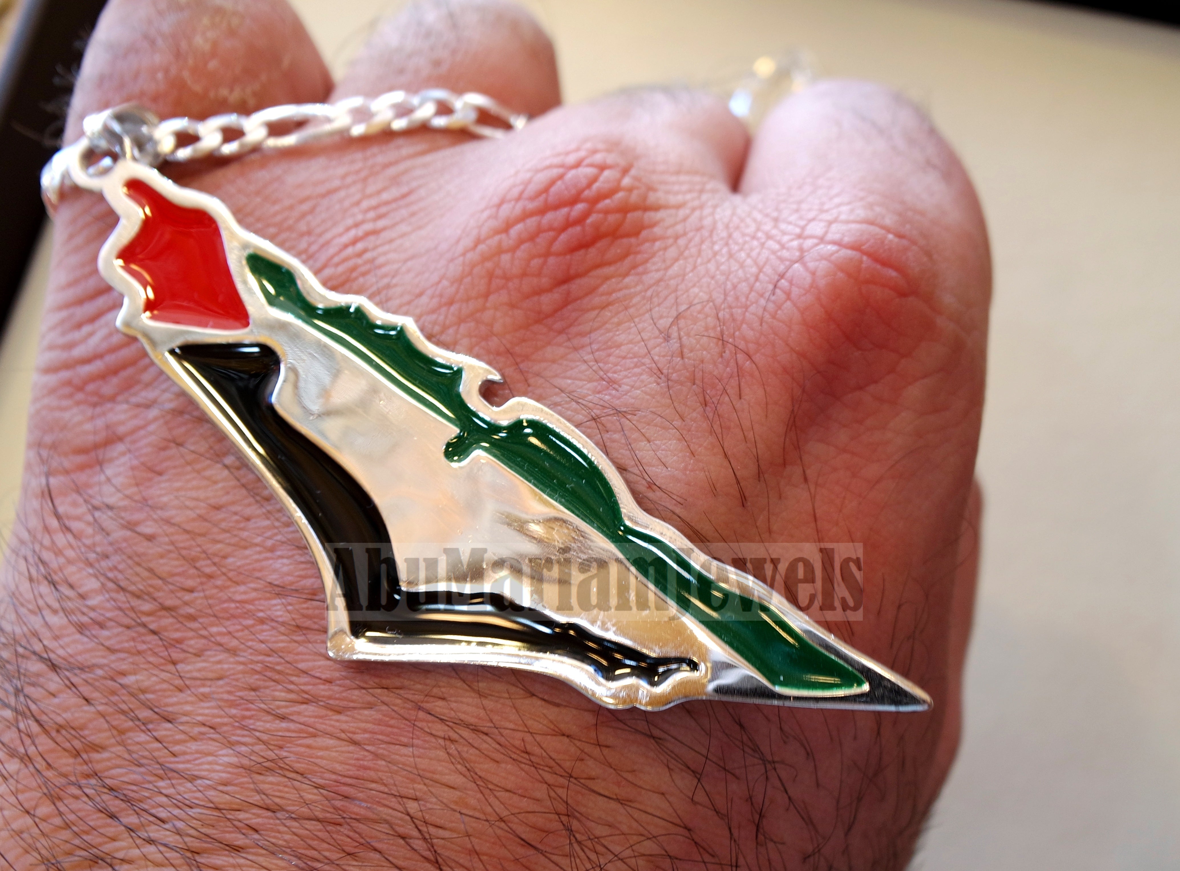 Huge heavy Palestine map & flag pendant with thick chain sterling silver 925 enamel colorful jewelry arabic fast shipping خارطه و علم فلسطين