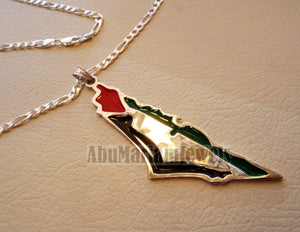 Huge heavy Palestine map & flag pendant with thick chain sterling silver 925 enamel colorful jewelry arabic fast shipping خارطه و علم فلسطين