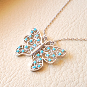Butterfly necklace sterling silver 925 nano turquoise cubic zircon stones high quality chain