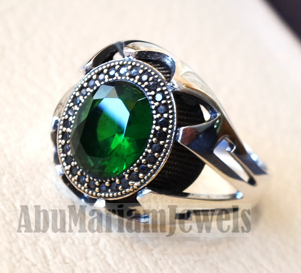 Green corundum identical to genuine emerald stone black cubic zircon on bronze frame stunning sterling silver 925 men ring all sizes