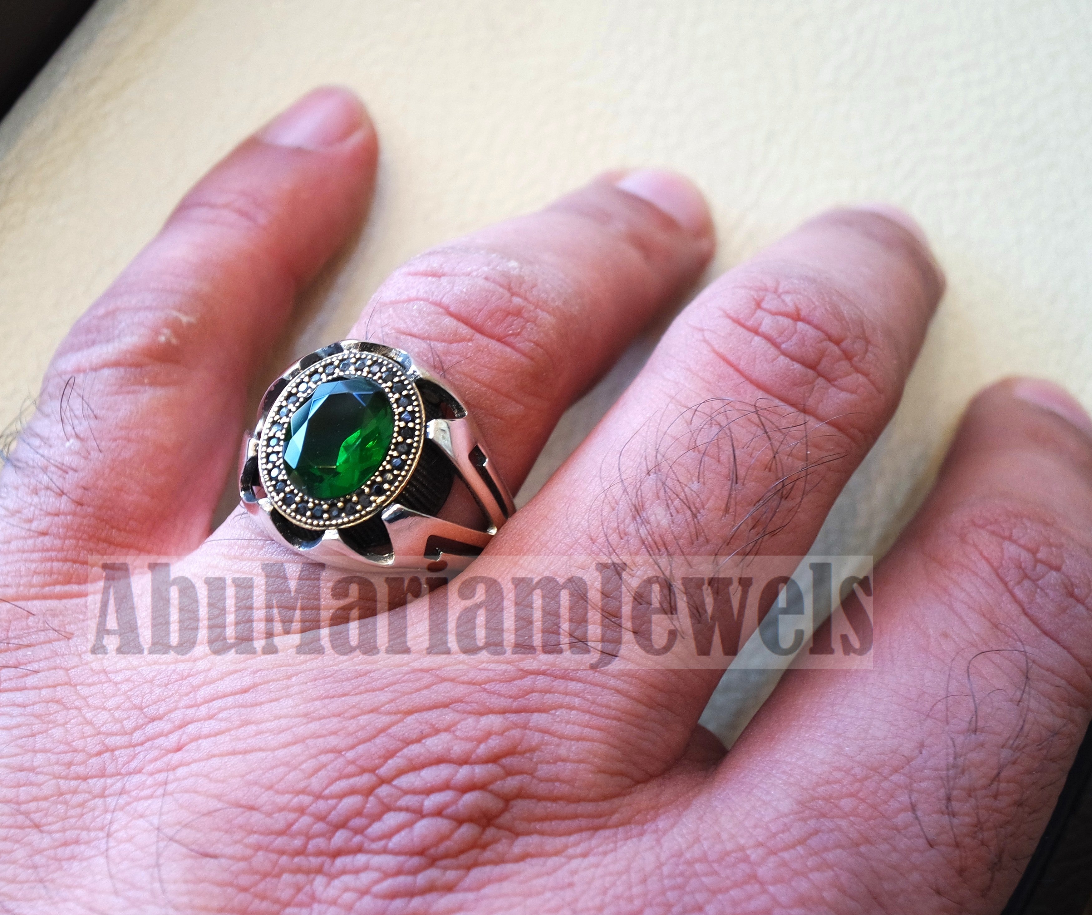 Green corundum identical to genuine emerald stone black cubic zircon on bronze frame stunning sterling silver 925 men ring all sizes