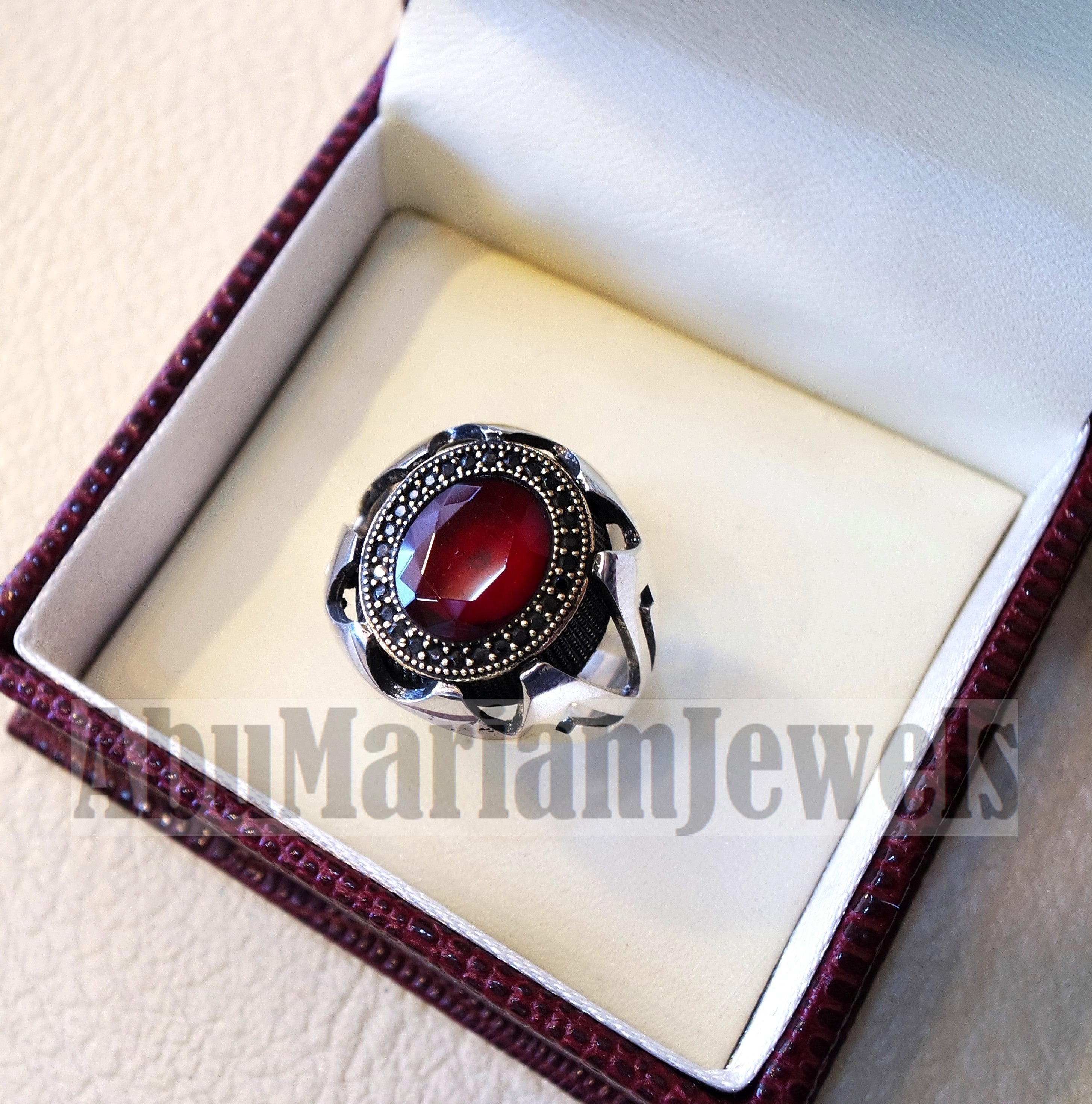 Red corundum identical to genuine ruby stone black cubic zircon on bronze frame stunning sterling silver 925 men ring all sizes